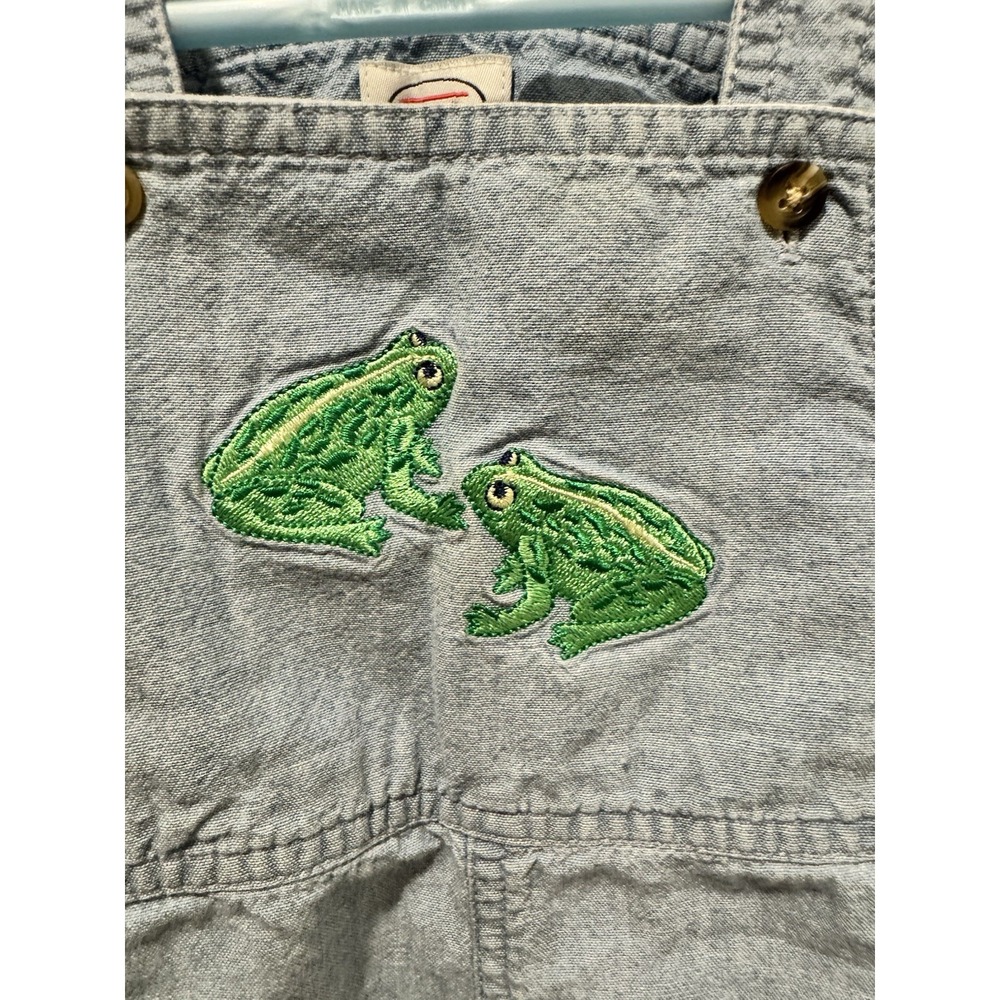 Vintage Talbots Kids Embroidered Green Frog Denim Overalls Shortalls Unisex 24m - Picture 3 of 9